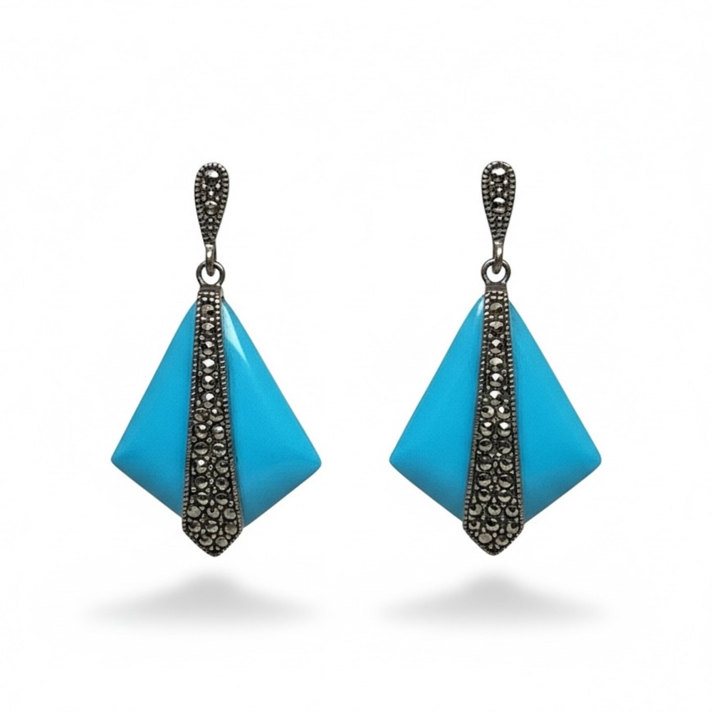 925 Sterling Silver Faux Turquoise Marcasite Art Deco Style Dangle Earrings